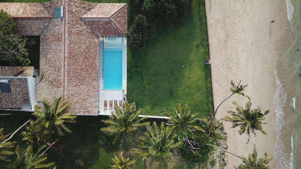 Overhead view of the villa pool and lawn