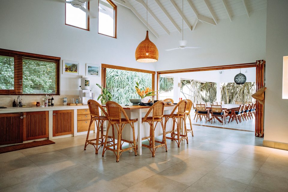 Rattan stools at the kitchen breakfast bar